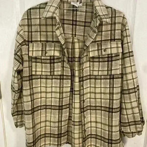 Princess Polly Plaid Flannel Shirt Shacket Sz 2 Brown Cream Layering Fall Staple